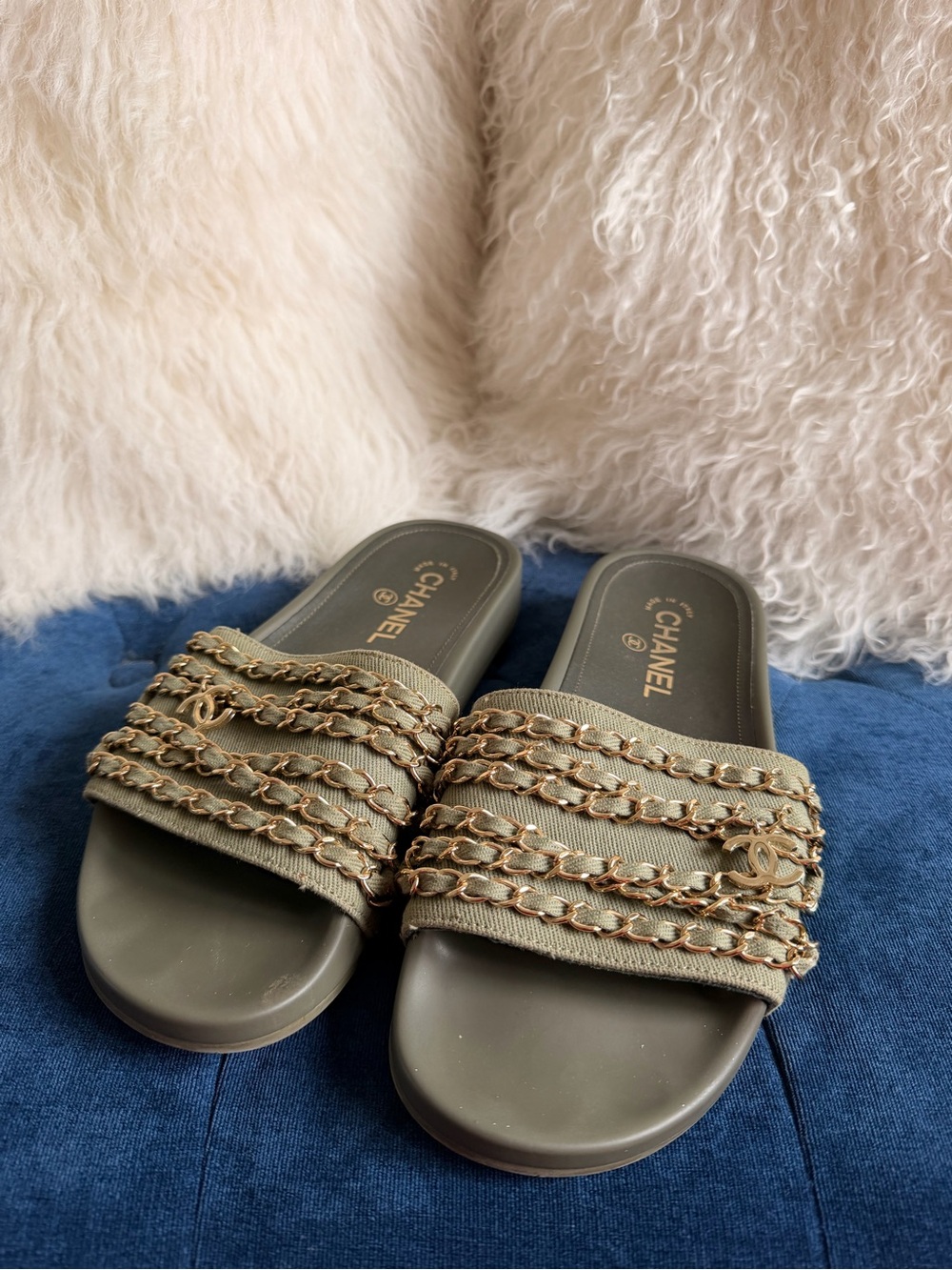 CHANEL Olive Green Chain-Embellished Slide Sandals